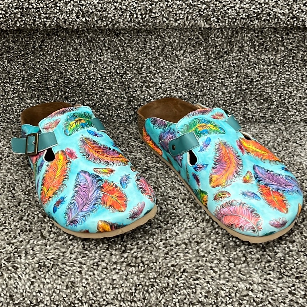 Anuschka Sarah Printed Floating Feathers Slip-On Leather Clog Women’s Size 9